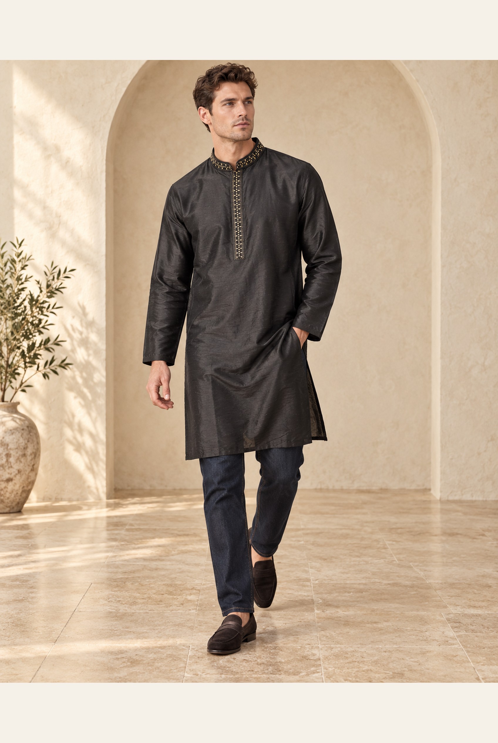 Midnight Black Gold-Embroidered Kurta modeled, alternate pose