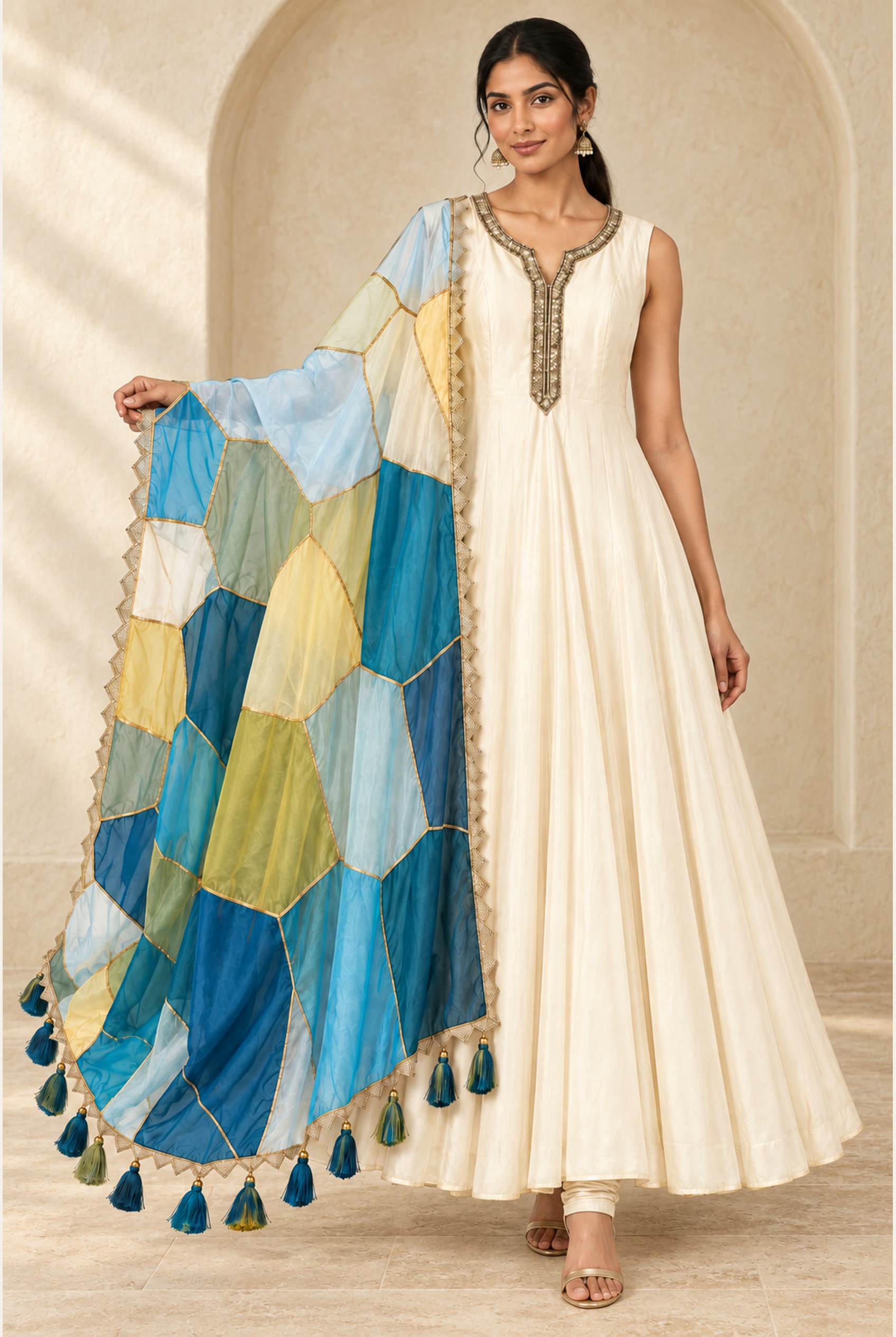 Ivory Stained-Glass Anarkali modeled