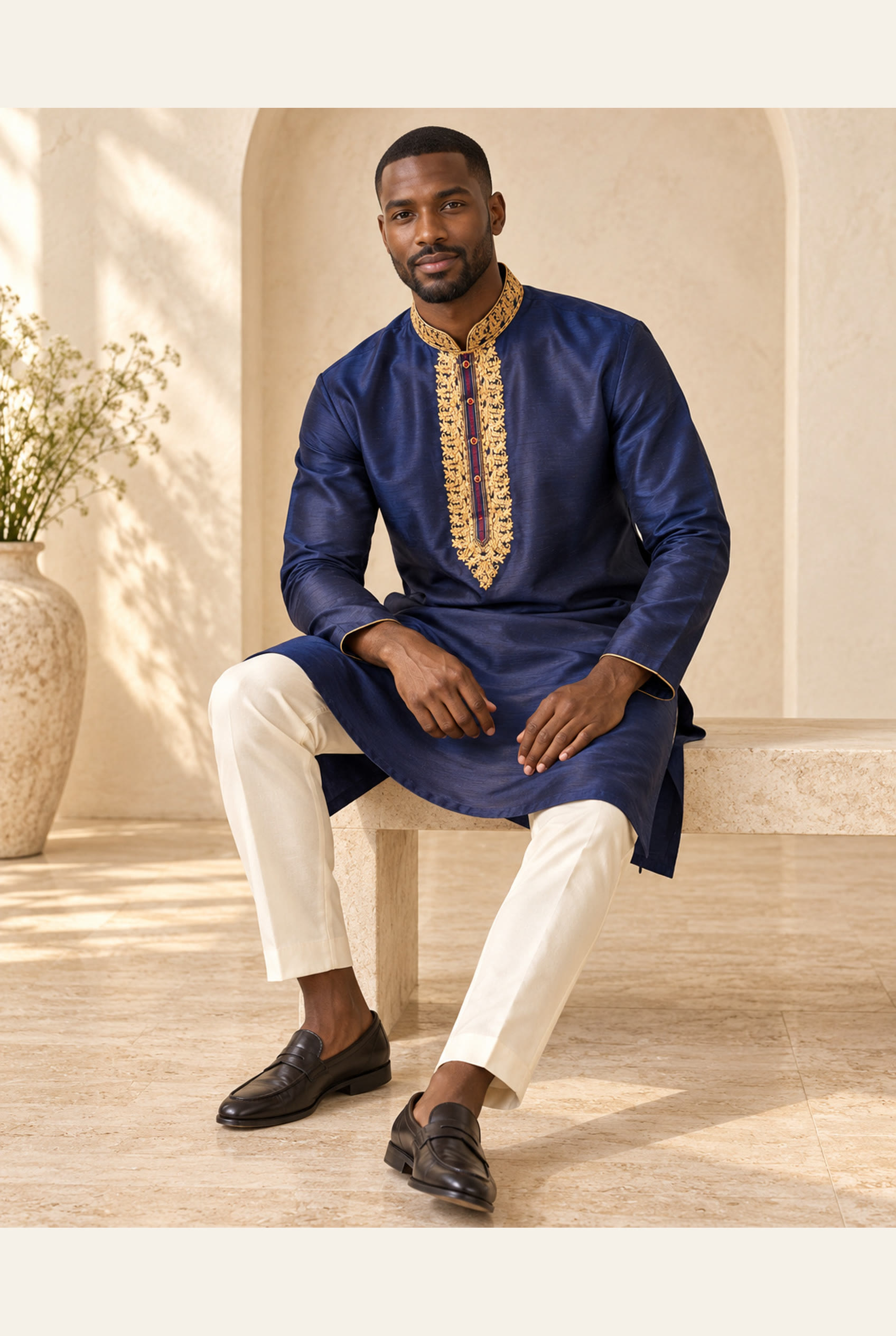 Midnight Navy Gold-Embroidered Kurta modeled, alternate pose