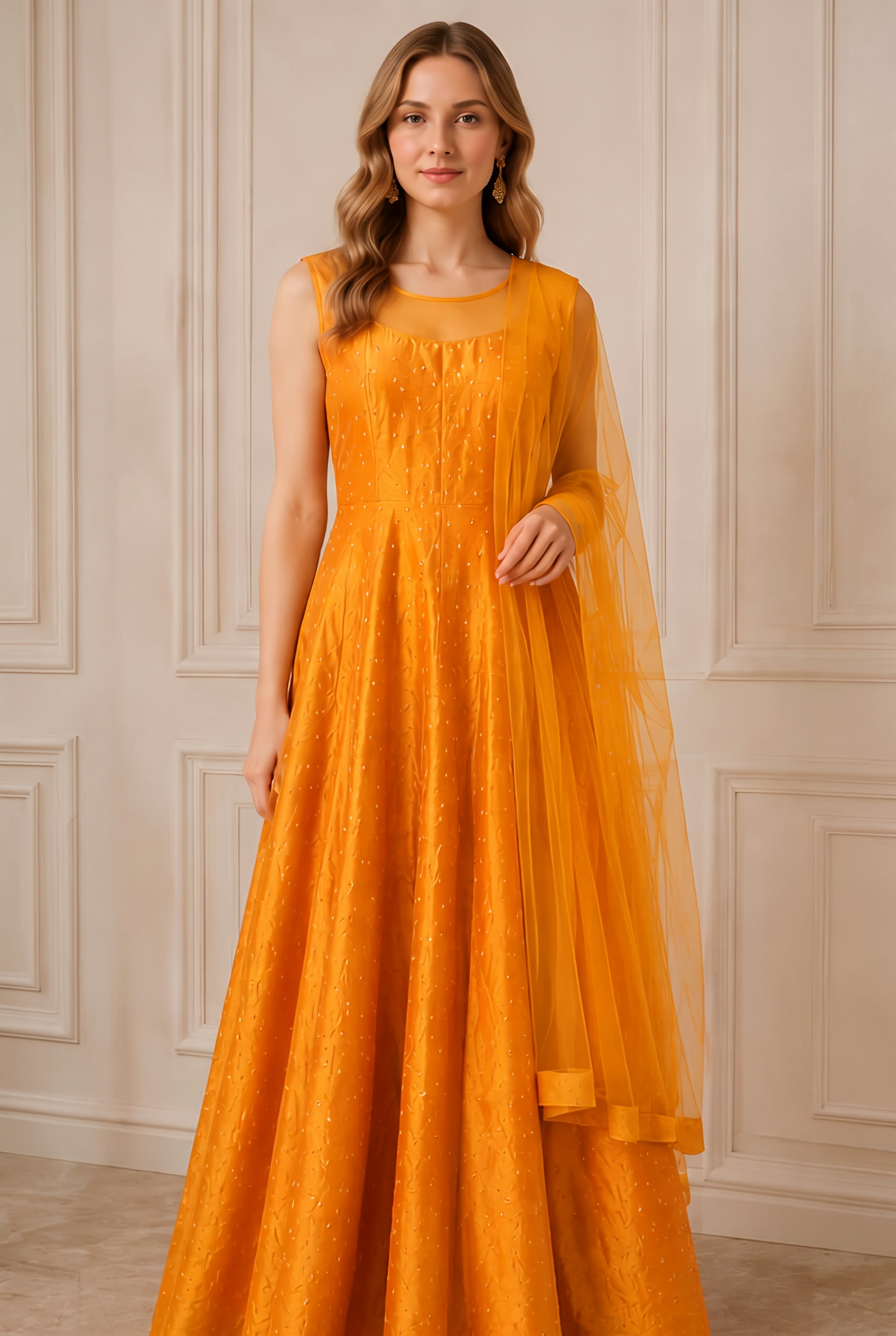 Golden Haldi Anarkali modeled, alternate pose