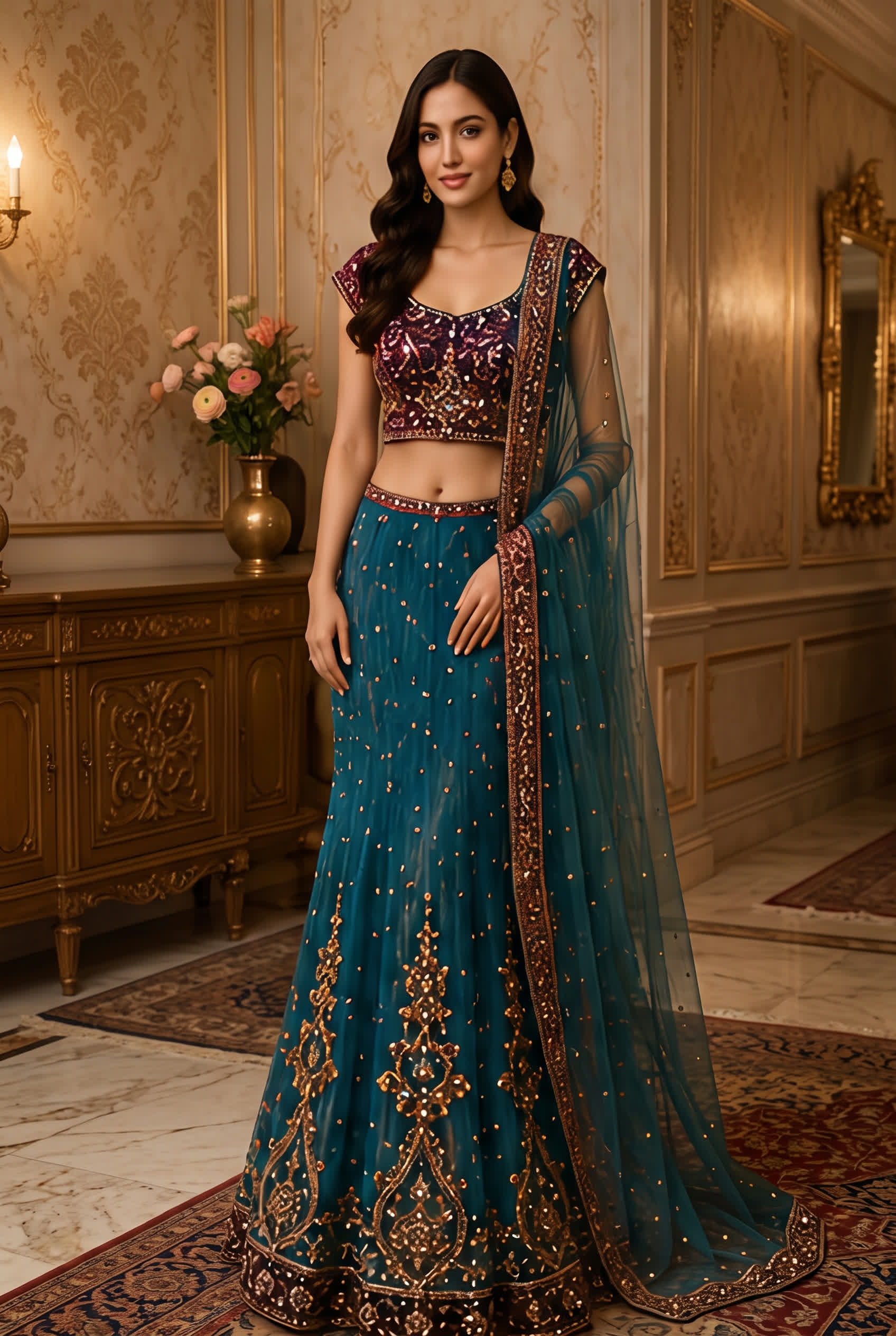 Peacock Teal & Wine Lehenga modeled
