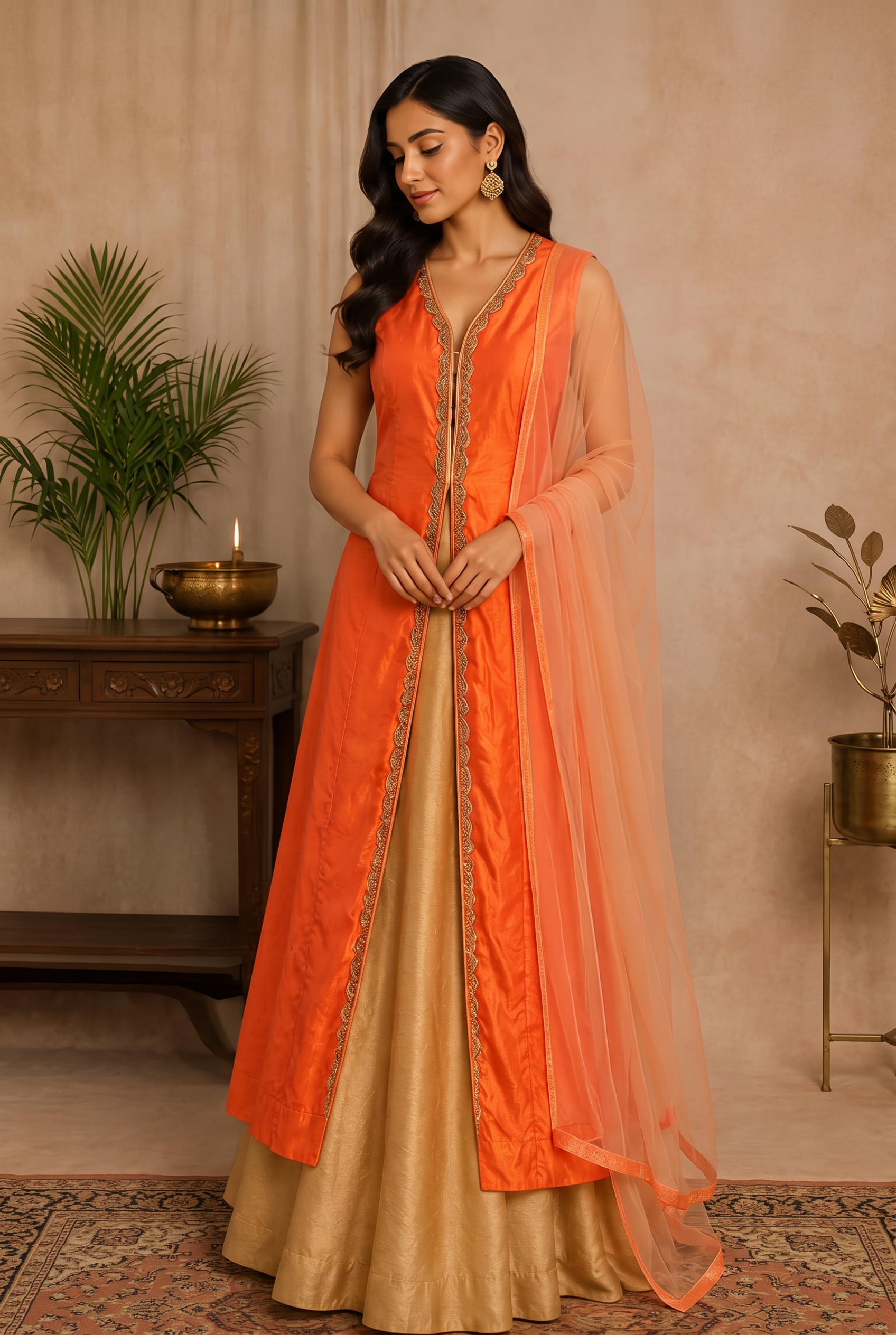 Sunset Orange Silk Ensemble modeled