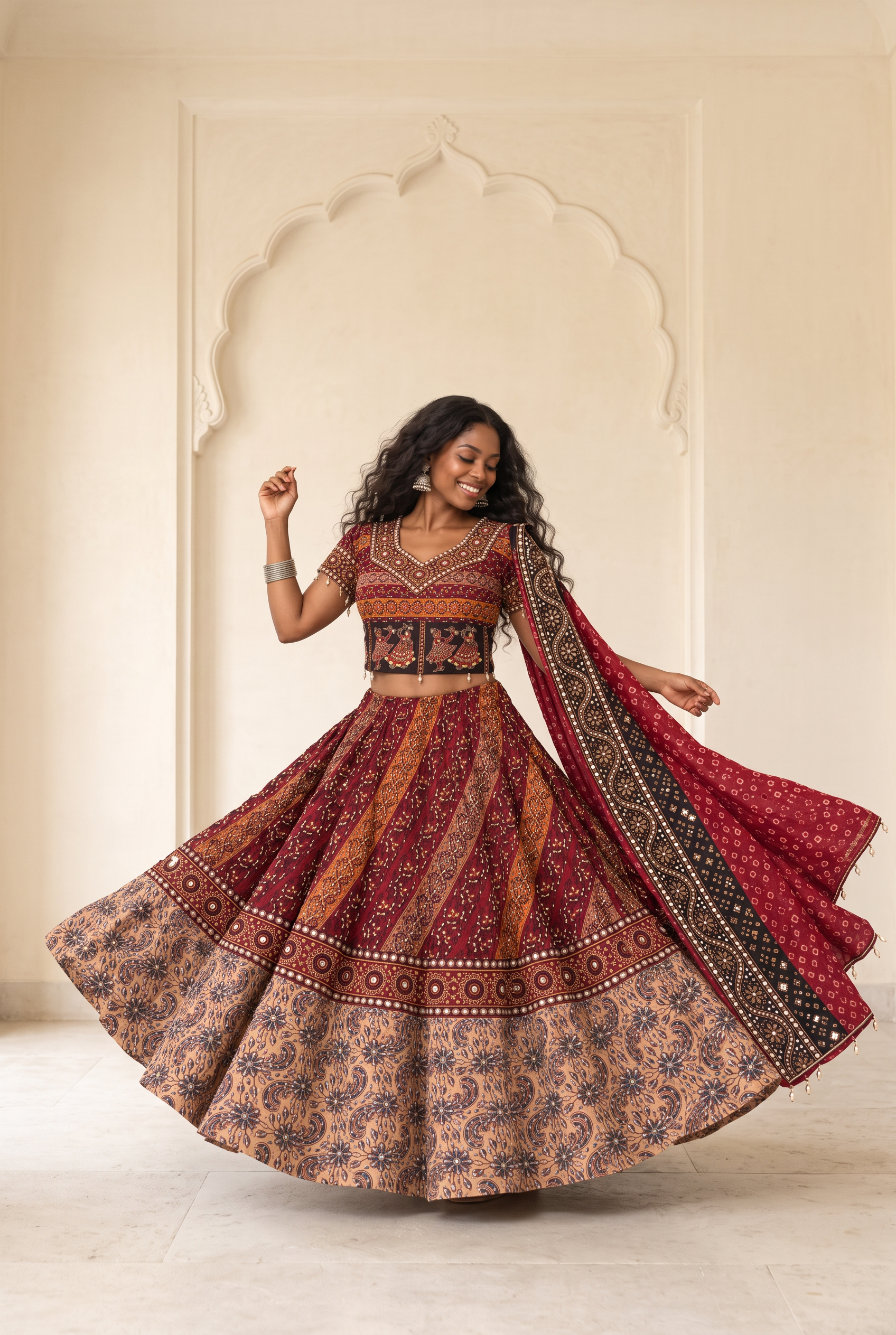 Ruby Folk Art Lehenga Set modeled, alternate pose